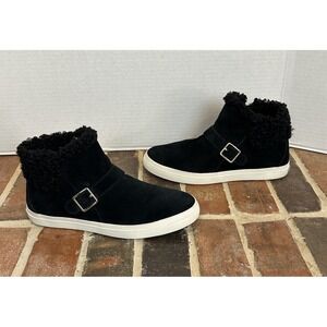 Cole Haan NANTUCKET Cozy Ankle Suede Boots H2O Black Faux-Shearling Trim Wm Sz 8
